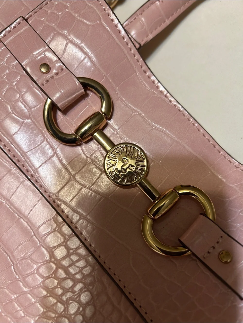 Anne Klein Blush Pink Croc-Embossed Satchel with Gold Hardware